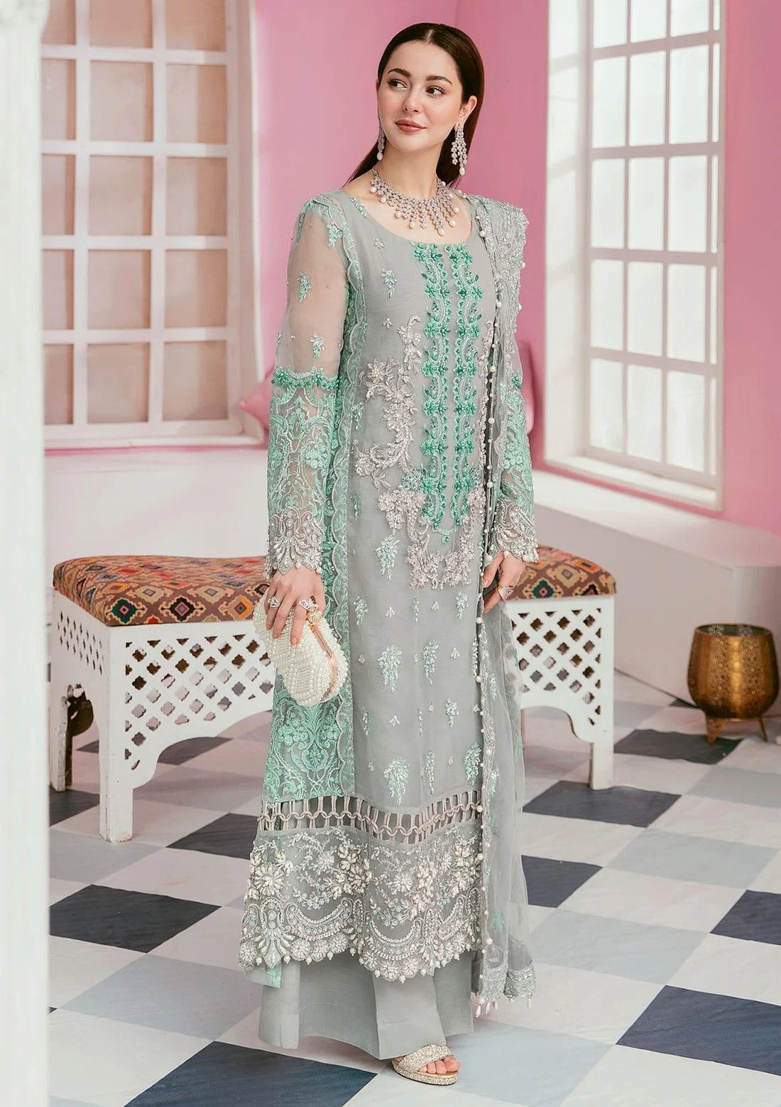 Elaf - Mint Sage Embroidered Organza 3 Piece – Luxury Party Wear-AN0061