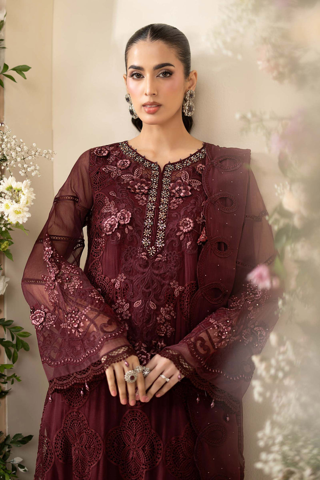 Maria B - Burgundy Embroidered Chiffon 3 Piece Suit – Luxury Floral Chiffon Party Wear-AN0097