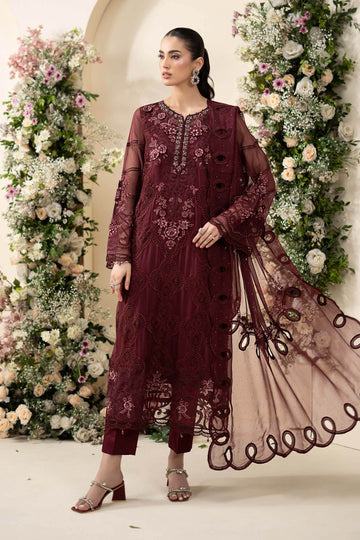 Maria B - Burgundy Embroidered Chiffon 3 Piece Suit – Luxury Floral Chiffon Party Wear-AN0097
