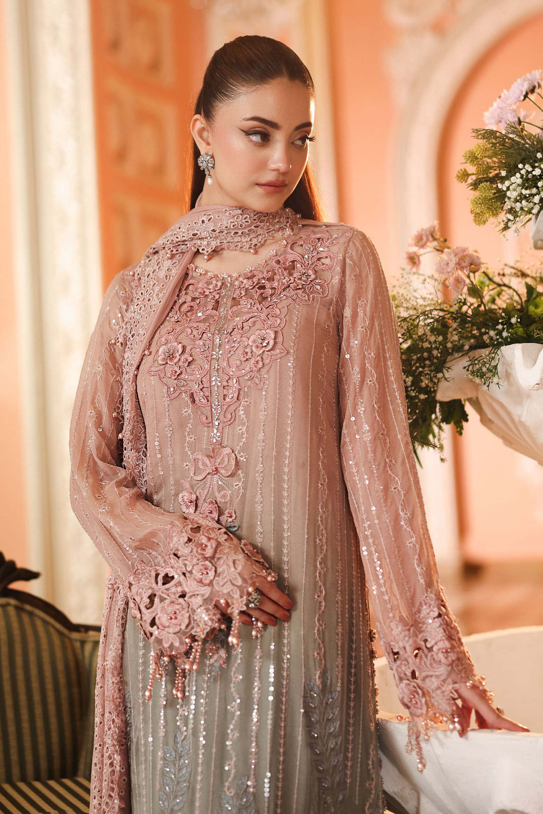 Maria B - Embroidered Chiffon 3 Piece Suit – Luxury Floral Chiffon Party Wear-AN0096