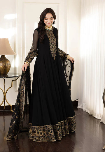 Asim Jofa - Black Elegance Embroidered Chiffon Maxi – Luxury Party Wear-AN0065