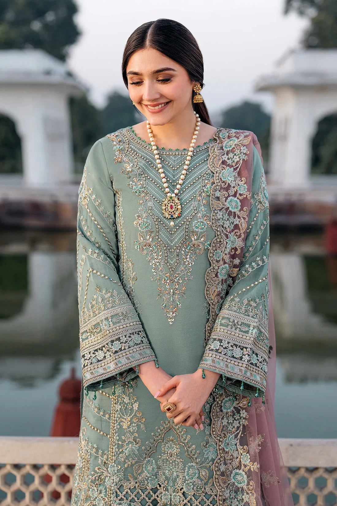 Imrozia - Pistachio Mist Embroidered Chiffon 3 Piece – Luxury Party Wear-AN0064